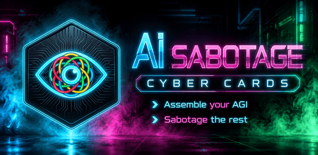 AI Sabotage cyberpunk card game interface with neon-lit components and sabotage actions.